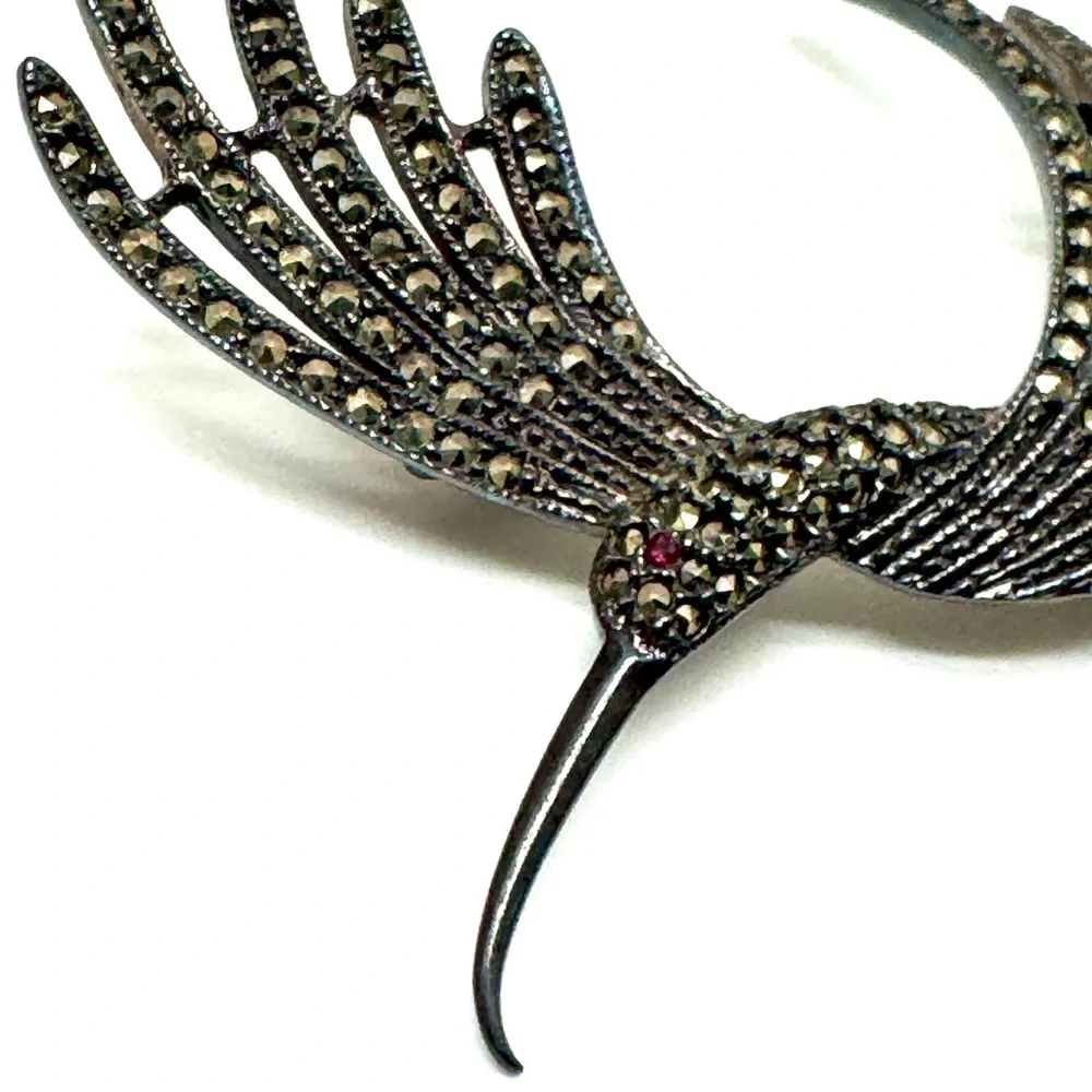 Judith Jack Sterling Silver and Marcasite Brooch Vintage Hummingbird Pin